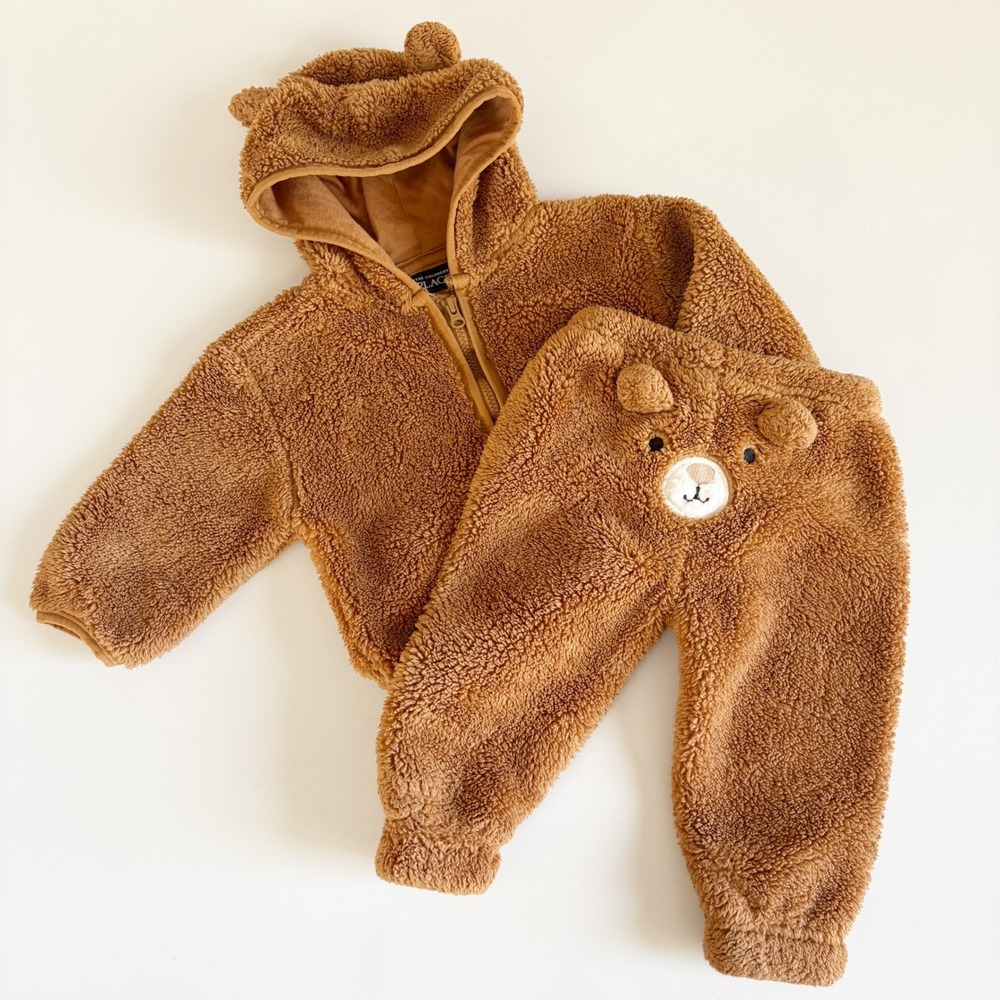 The Children's Place Baby Brown Sherpa Fleece Bear Ear Hoodie Jogger Set 3-6M